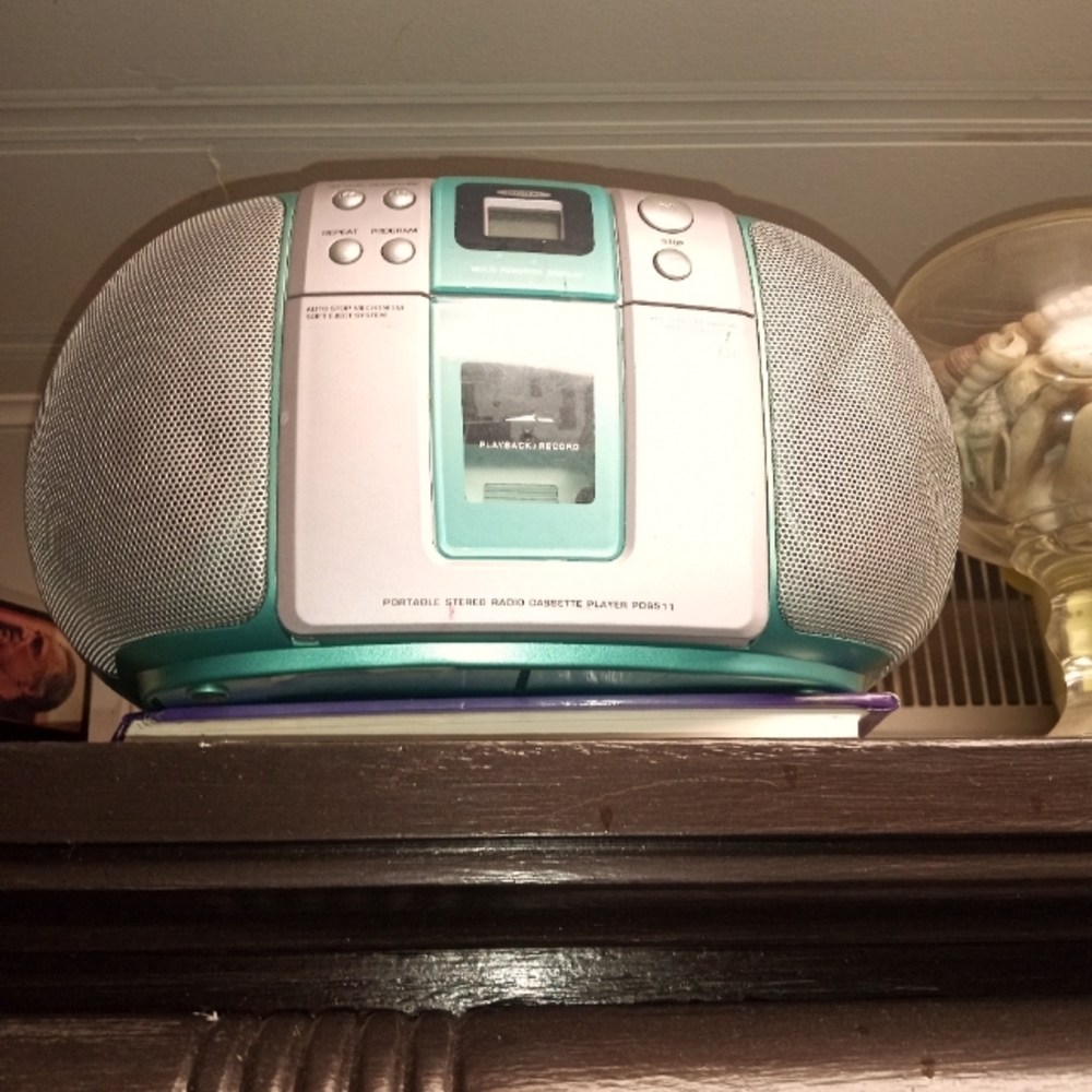 Vintage cassette and CD Player, AM/FM Portable Radio (turquoise and silver)